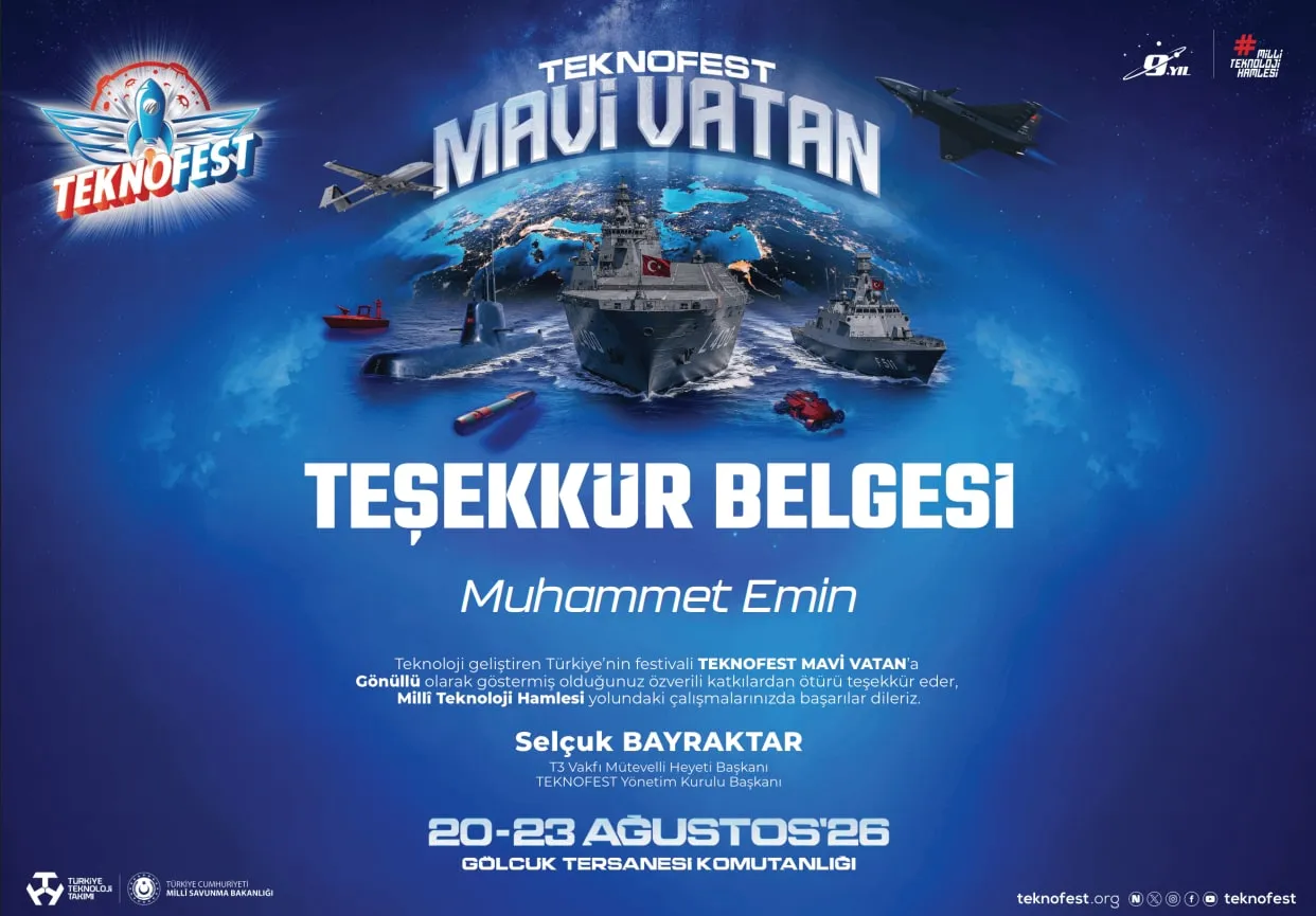 TEKNOFEST Mavi Vatan certificate of appreciation for volunteering