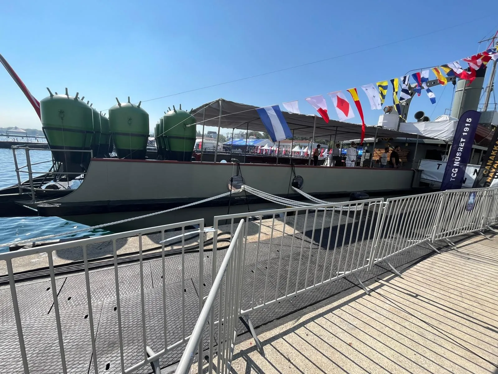 The historic minelayer TCG Nusret 1915 moored at the pier